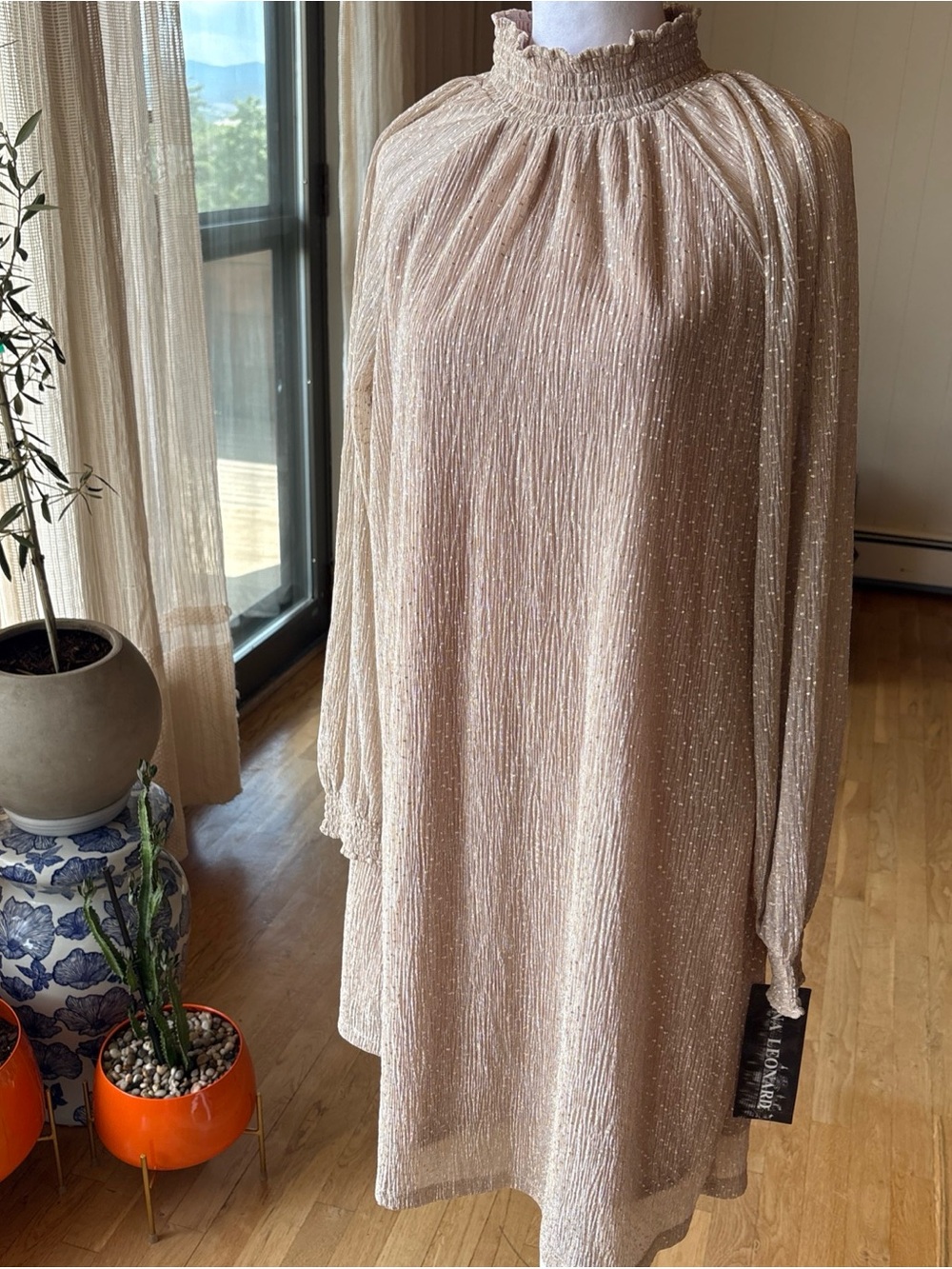 Share NWT Nina Leonard Mockneck Champagne  Gold Long sleeve Evening Dress Size L